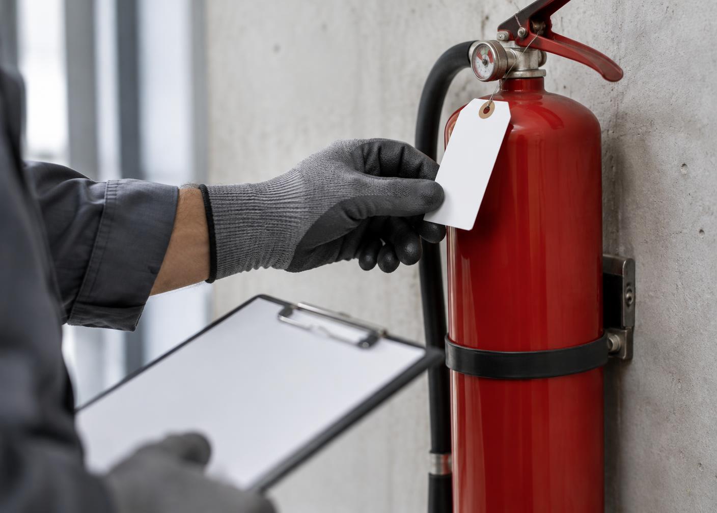A technician's gloved hand checking a blank service tag on a wall-mounted fire extinguisher.
