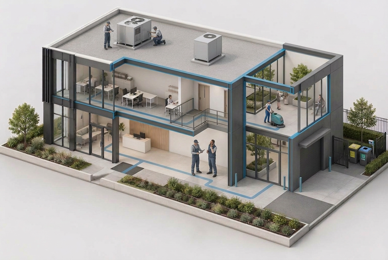 Conceptual commercial facility showing rooftop HVAC maintenance, shared-space cleaning and a facilities team overseeing ongoing services connected across the building