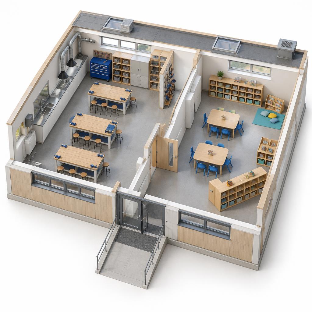 Conceptual education environments showing separate technology workshop and early-learning rooms with age-appropriate furniture